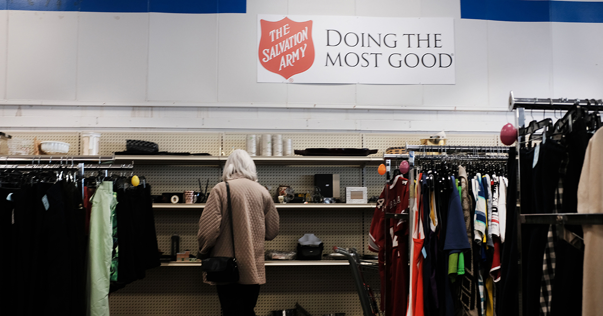 Elderly woman at Salvation Army. 