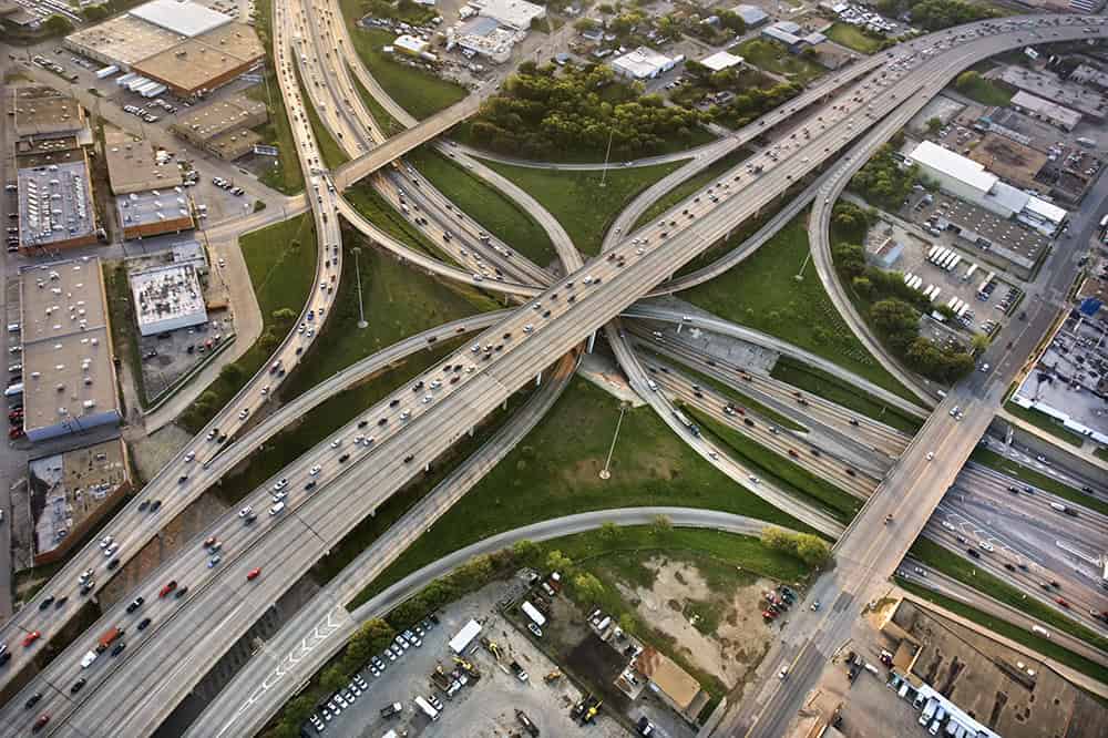 Aerial view of highways in Dallas, Texas