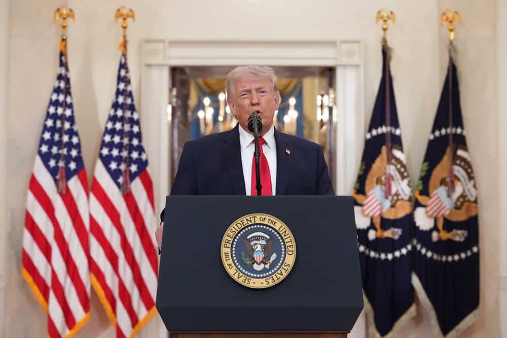 U.S. President Donald Trump speaks from the Cross Hall of the White House on April 1, 2026 in Washington, DC.